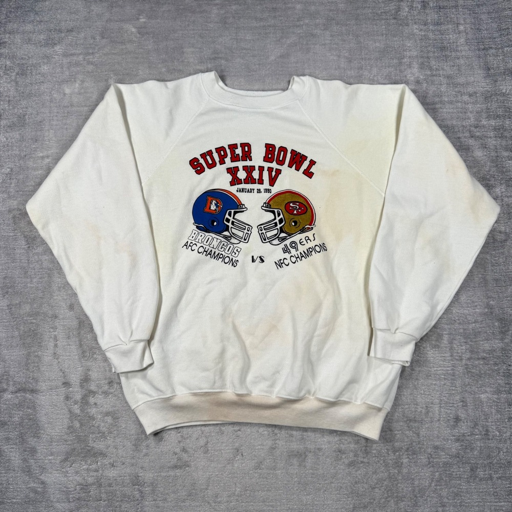 Super Bowl XXIV Sweatshirt Mens XL White Vintage 1990 Broncos 49ers Crewneck NFL